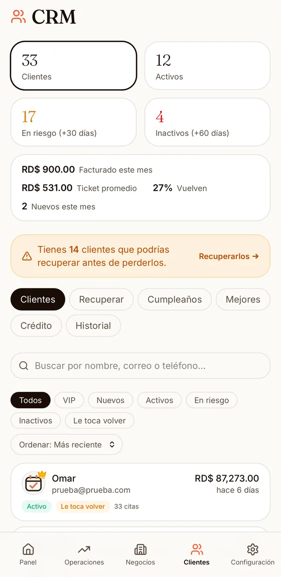 CRM de clientes de AgendateRD con los clientes en riesgo de un negocio