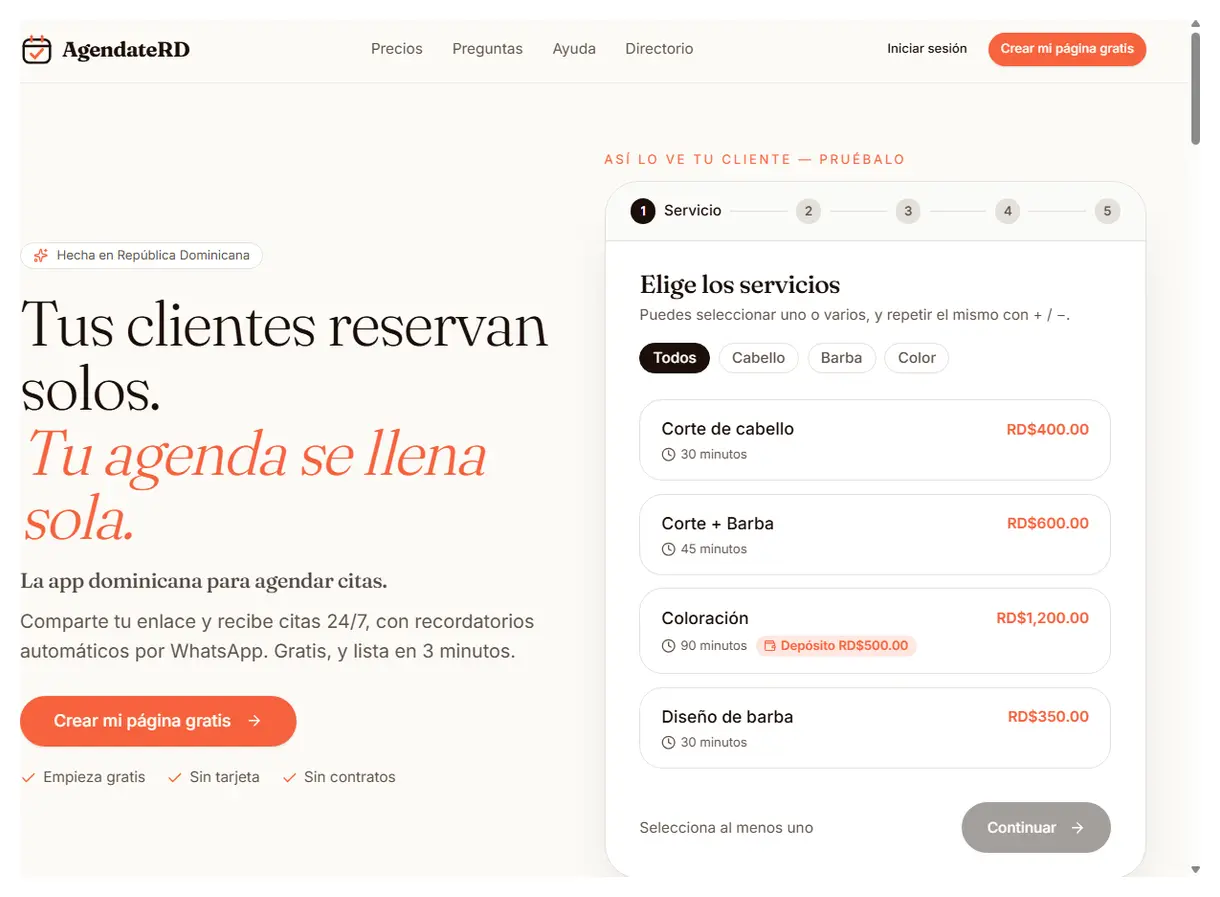 Página de inicio de AgéndateRD con el botón «Empieza gratis» para registrar un negocio