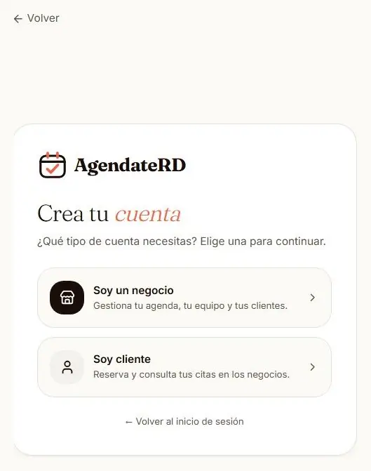 Pantalla de registro con las dos opciones de cuenta: «Soy profesional o negocio» y «Soy cliente»