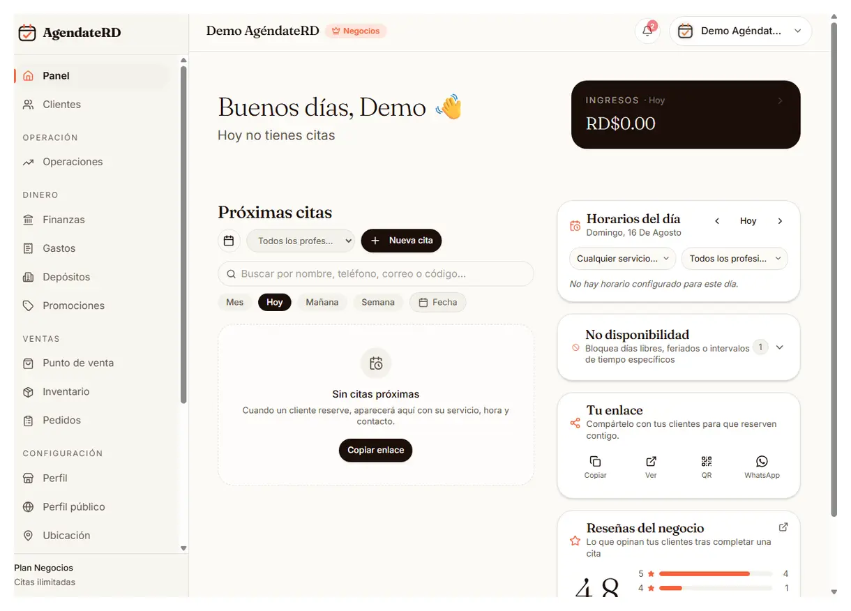 Panel principal de AgéndateRD con los ingresos del día y la lista de próximas citas