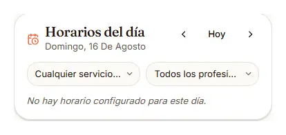 Rejilla de horarios disponibles del día con los profesionales libres en cada intervalo