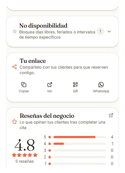 Resumen de reseñas del negocio y acceso a la no disponibilidad y al enlace de reservas