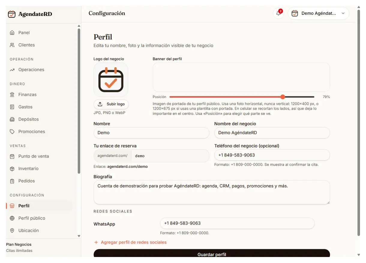 Configuración del perfil del negocio: logo, banner, enlace de reserva y biografía