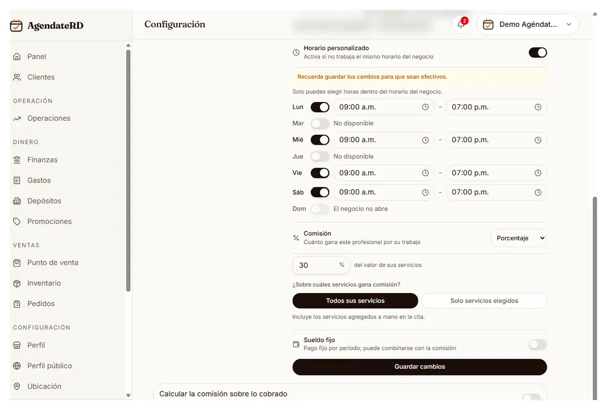 Opciones de comisión por porcentaje o monto fijo y el interruptor de sueldo fijo