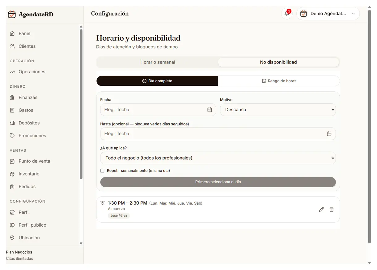 Pantalla de no disponibilidad para bloquear días completos u horas sueltas