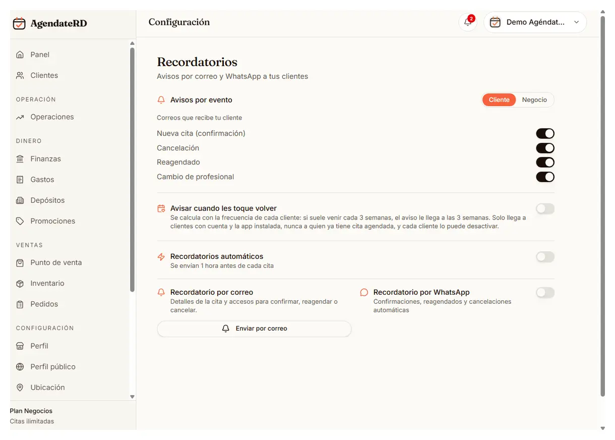 Ajustes de recordatorios automáticos por correo y WhatsApp con un interruptor por evento