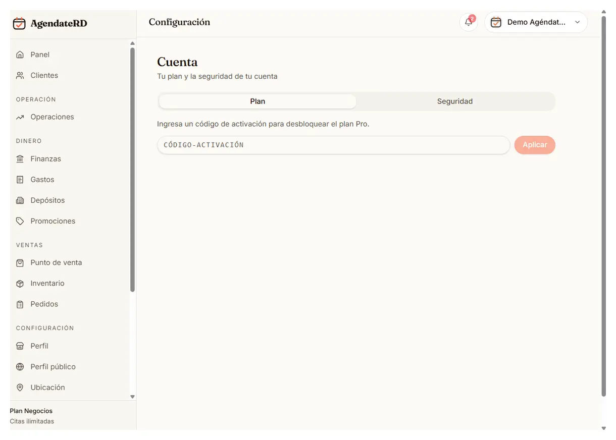 Pantalla de cuenta para canjear el código de activación del plan