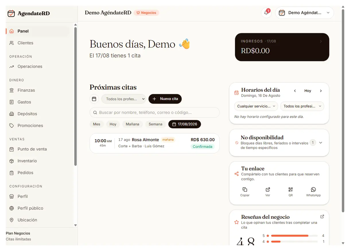 Lista de próximas citas de la semana con cliente, servicios, monto y estado