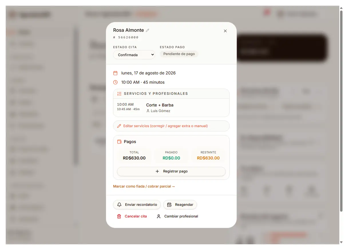 Acciones de una cita: enviar recordatorio, reagendar, cancelar y eliminar
