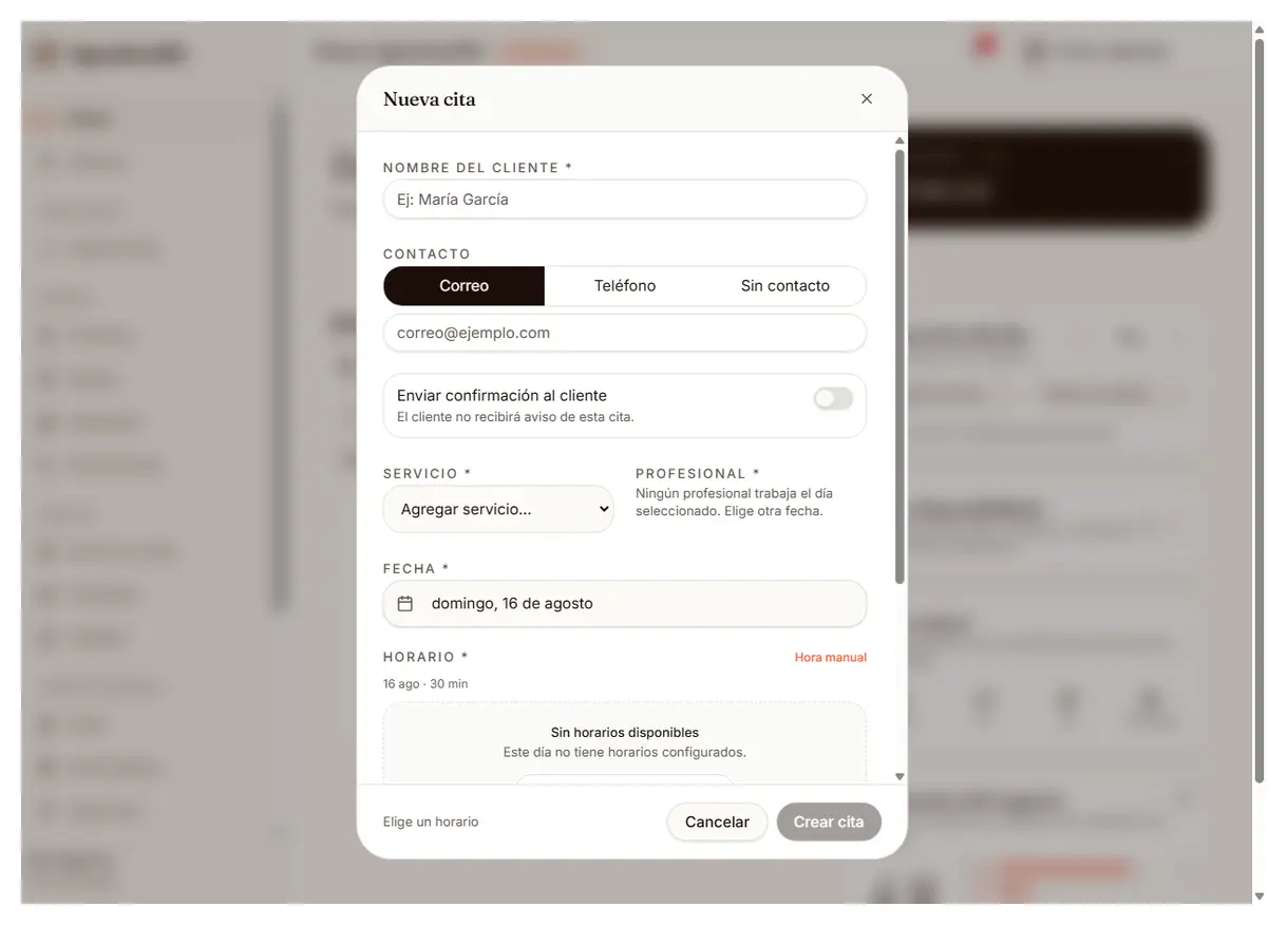 Formulario para crear una cita manual con cliente, servicio, profesional y horario