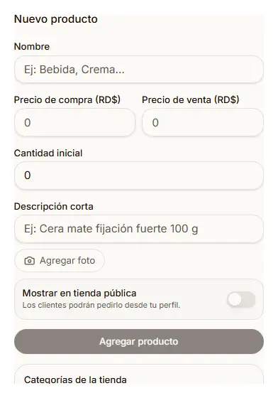 Formulario de producto con precio de compra, precio de venta, stock y visibilidad en la tienda