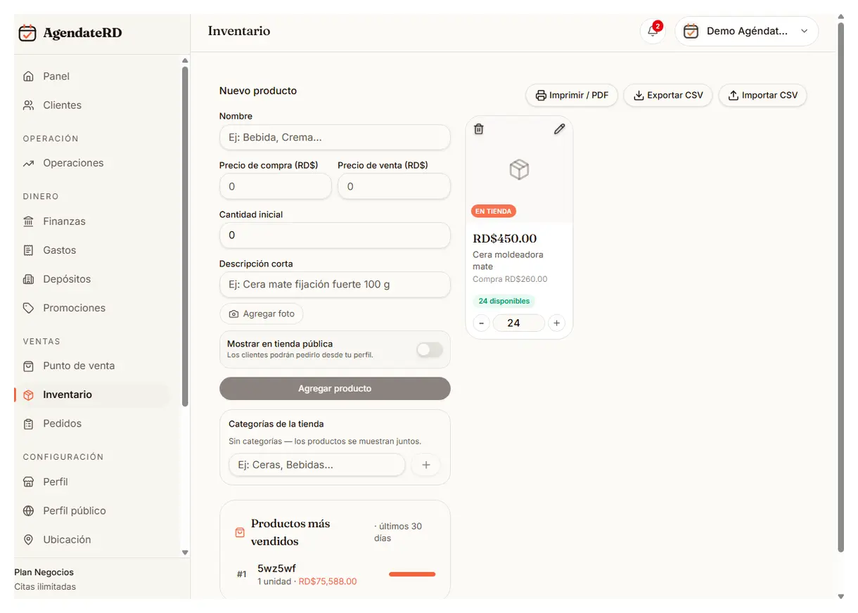 Panel de inventario con un producto, su precio de compra y venta y su existencia