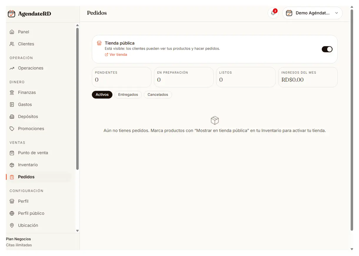 Pantalla de pedidos con la tienda pública activada y los contadores de pendientes, en preparación y listos
