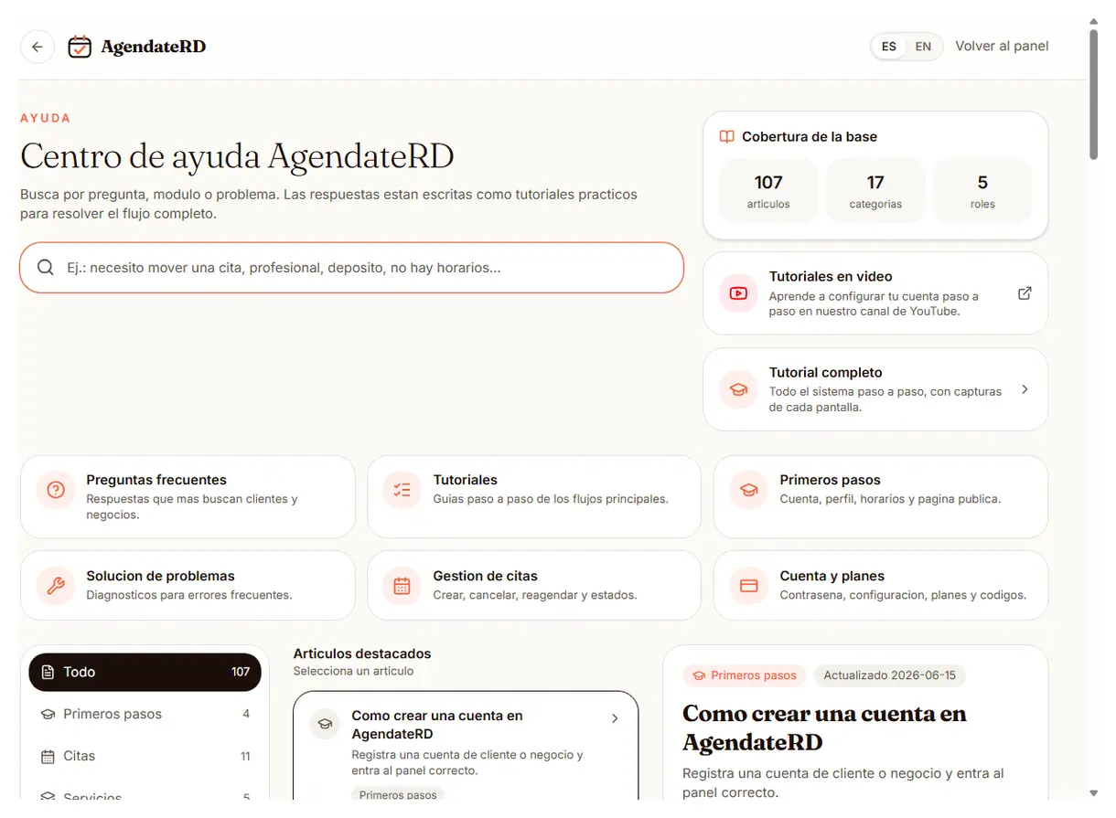 Centro de ayuda de AgéndateRD con el buscador y las categorías de artículos