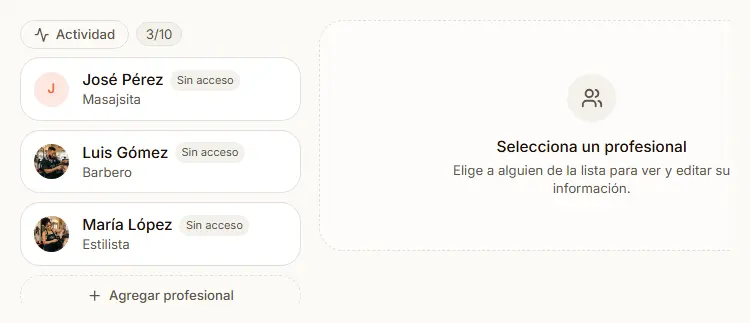 Lista de profesionales del equipo, cada uno con la etiqueta «Sin acceso» hasta que se le crea su cuenta