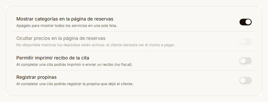 Interruptor «Registrar propinas» en los ajustes de Servicios, junto al de imprimir recibo
