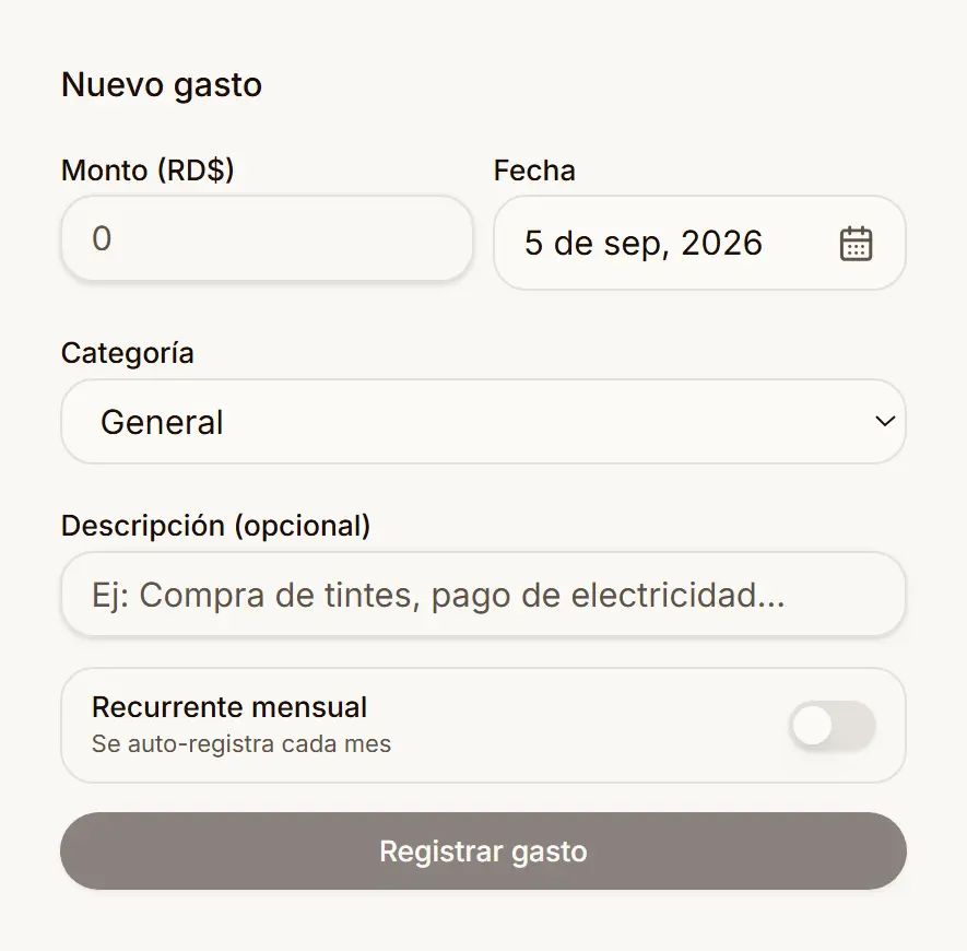 Formulario de nuevo gasto con monto, fecha, categoría y el interruptor de gasto recurrente mensual