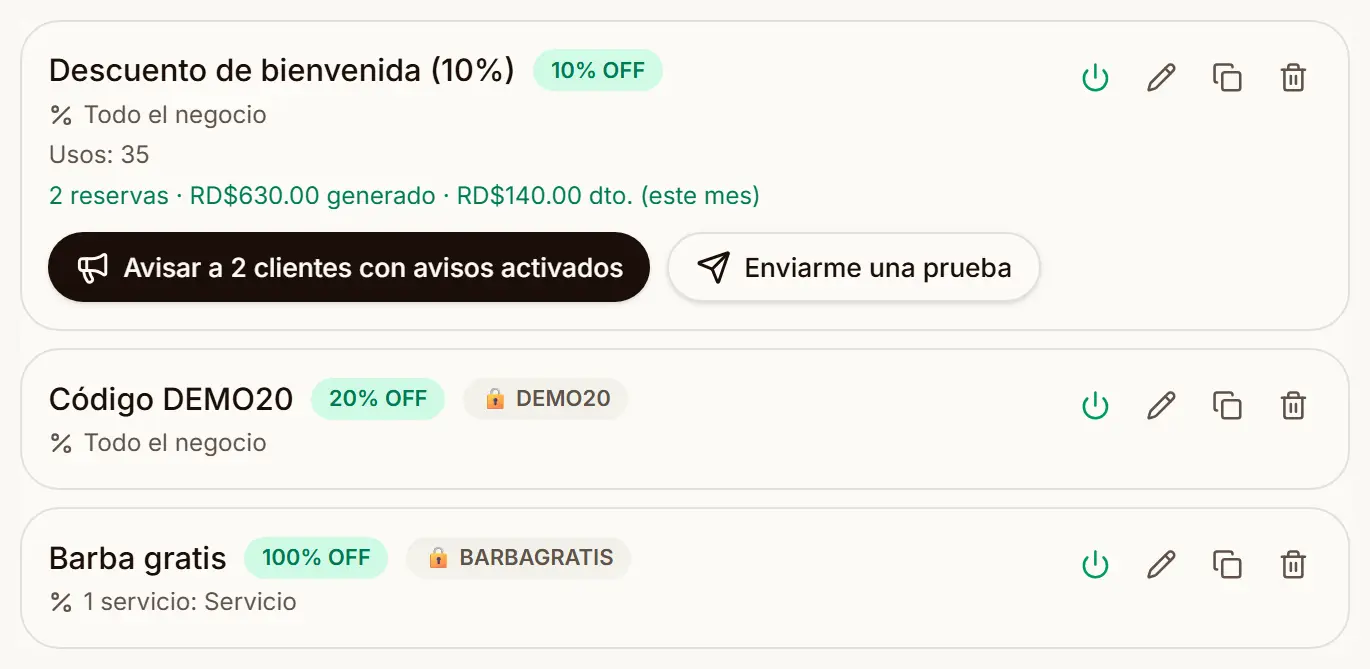 Lista de promociones activas: la promoción sin código tiene el botón «Avisar a mis clientes» y las de código secreto no